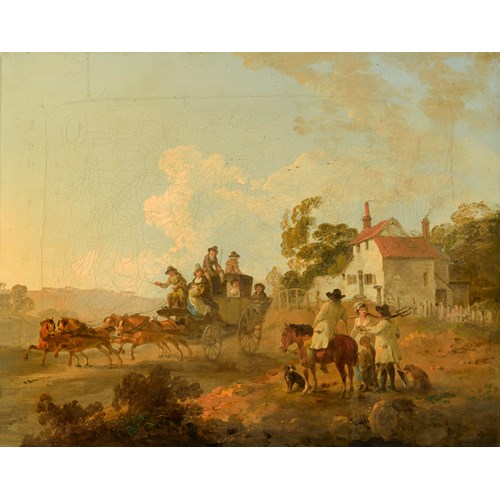 A Landscape with Travellers in a Horse Drawn Carriage and Figures Conversing by a Track